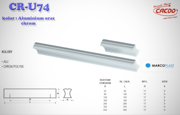 Uchwyt Meblowy U-74 aluminium oraz chrom