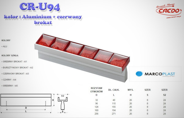 Uchwyt Meblowy U-94 aluminium + czerwień w brokacie