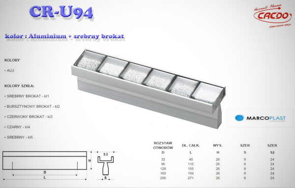 Uchwyt Meblowy U-94 aluminium + srebro w brokacie